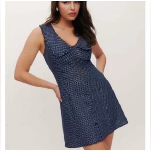 Caroline Constas Dresses & Skirts - New Caroline Constas‎ Polka Dot Mini Dress Linen Blend Navy Mediterranean Size 8
